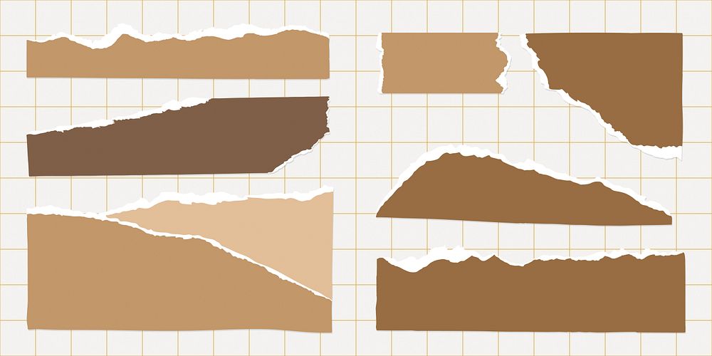 Set of torn paper strips in various shades of brown on a grid background. Torn paper edges, brown paper textures, and grid…