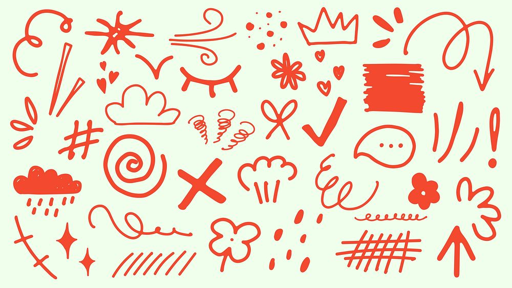 Collection of red doodles including arrows, clouds, and flowers. Fun and playful doodles with swirls and stars. Red doodles…