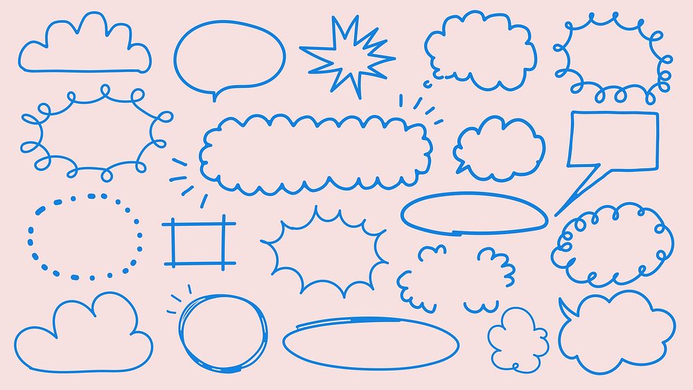 Collection of blue doodle speech bubbles on a pink background. Various shapes include clouds, ovals, and bursts. Ideal for…