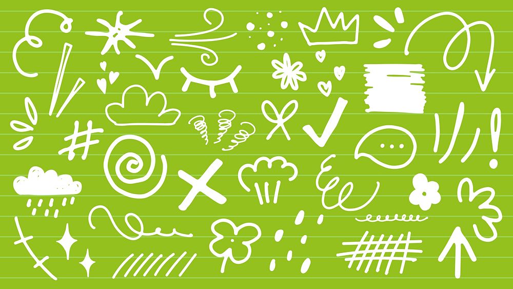 Playful doodles on a green background. Doodles include swirls, clouds, and crowns. Whimsical doodles add fun and creativity.…