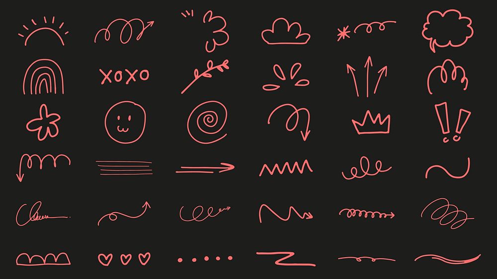 Collection of pink doodles on a dark background. Includes arrows, clouds, and swirls. Playful pink doodles add charm. Fun…