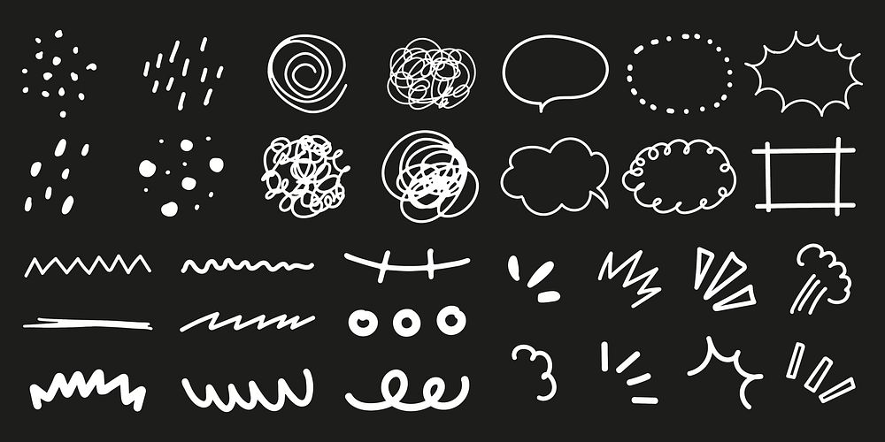 Set of hand-drawn doodles, including speech bubbles, swirls, and zigzags. Doodles feature various shapes and lines, perfect…