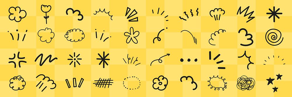 Doodle icons on yellow background. Various doodles, sketchy designs, and hand-drawn symbols. Doodle art with clouds…