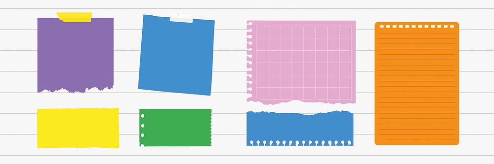 Colorful sticky notes and torn paper sheets. Sticky notes in purple, blue, yellow. Torn paper in pink, blue, yellow. Lined…