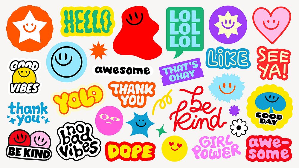 Colorful stickers with positive messages like 'Be Kind', 'Good Vibes', 'Awesome', and 'Girl Power' Bright, cheerful designs…