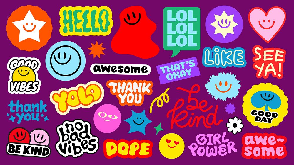 Colorful stickers with positive words like 'awesome', 'be kind', 'good vibes', and 'thank you' Bright, cheerful designs with…