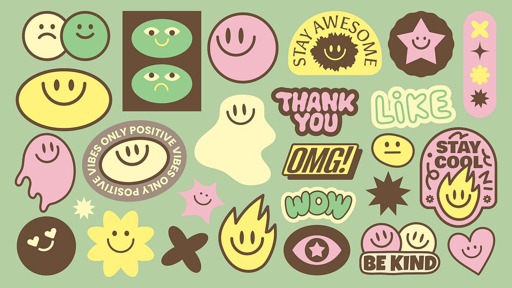 Colorful stickers with positive vibes, smiley faces, and motivational words like 'Stay Awesome' and 'Be Kind' Fun, cheerful…