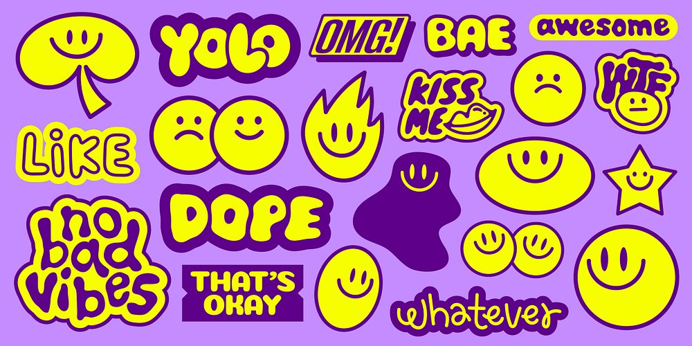 Colorful stickers with phrases like YOLO, OMG, and awesome Fun, playful, and vibrant designs with smiley faces and quirky…