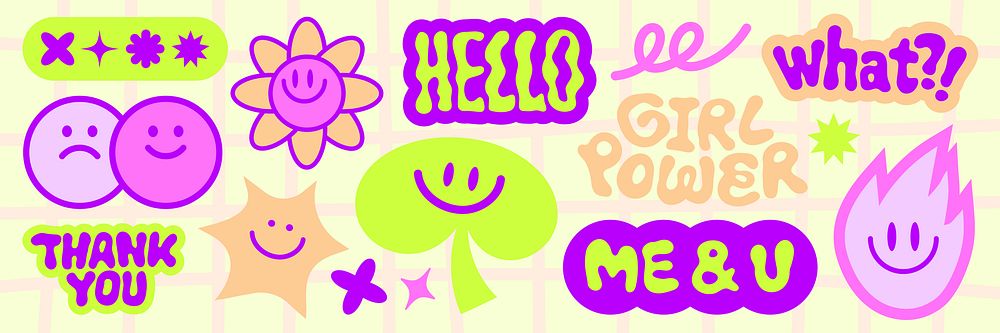 Colorful stickers with phrases like 'Hello', 'Girl Power', 'Thank You', and 'Me & U' Bright, playful designs with smiley…