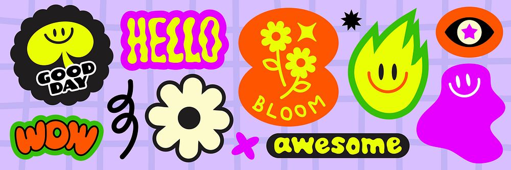 Colorful retro stickers with words like 'hello', 'awesome', 'wow', and 'bloom' Bright flowers, smiley faces, and abstract…