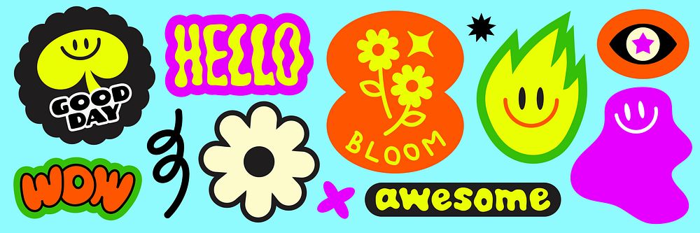 Colorful retro stickers with words like 'hello', 'awesome', 'good day', and 'wow' Features flowers, smiley faces, and bold…