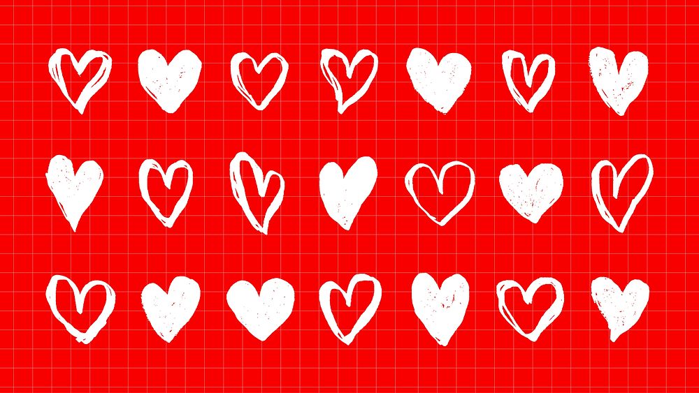 White hand-drawn hearts on a red grid background. Various heart shapes, hand-drawn style. Red grid with white hearts, hand…