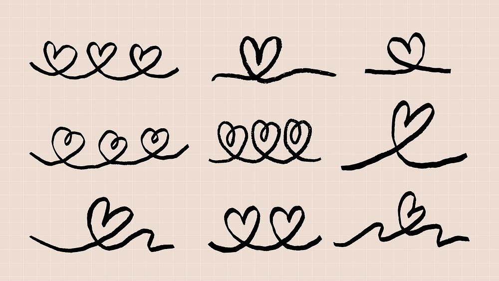 A collection of hand-drawn heart doodles on a beige background. Heart designs vary in style, with loops and lines. Perfect…