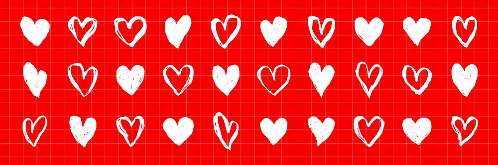 Pattern of white hearts on a red grid background. Hearts are arranged in rows. Red and white contrast. Heart shapes vary…