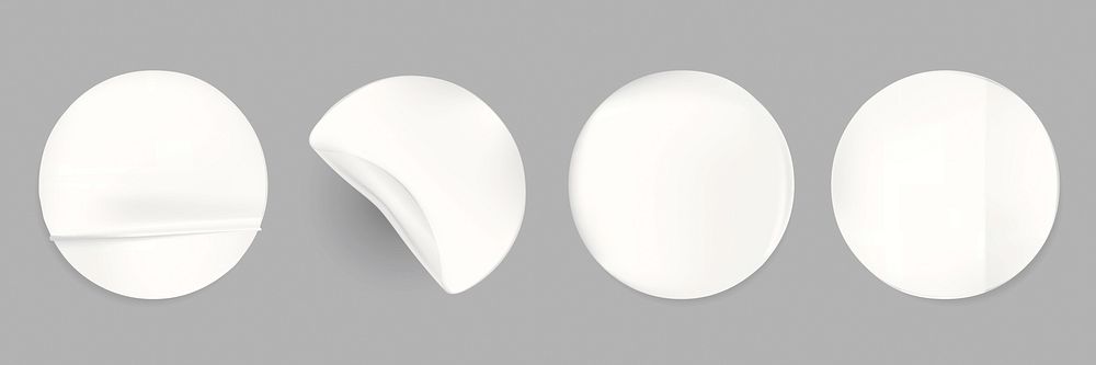 Four round white stickers on a gray background. Each sticker shows a different perspective: flat, peeling, folded, and…