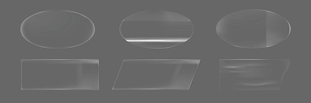 Set of six transparent glass shapes on a gray background. Includes ovals, rectangles, and a trapezoid. Glass shapes with…