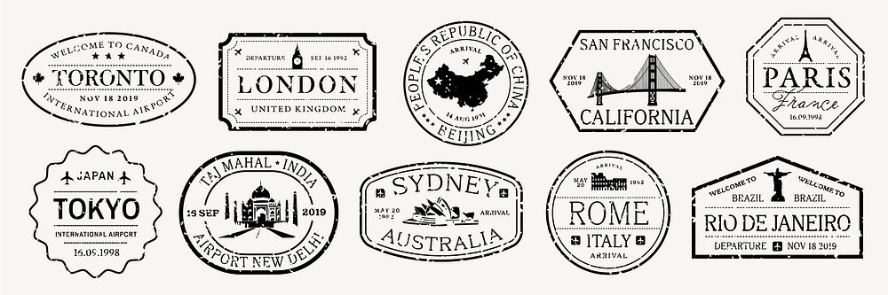 Collection of vintage travel stamps featuring cities like Toronto, London, Beijing, and more. Travel stamps, vintage style…