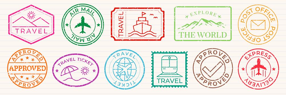 Colorful travel stamps with airplane, ship, and train icons. Travel-themed stamps include 'Approved' and 'Explore the World'…