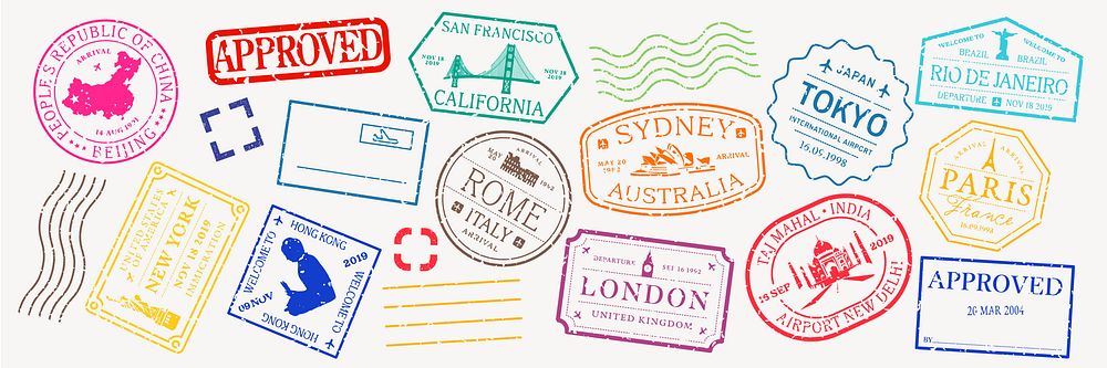 Colorful passport stamps from cities like Tokyo, Sydney, and Paris. Travel-themed stamps, approved marks, and postal…