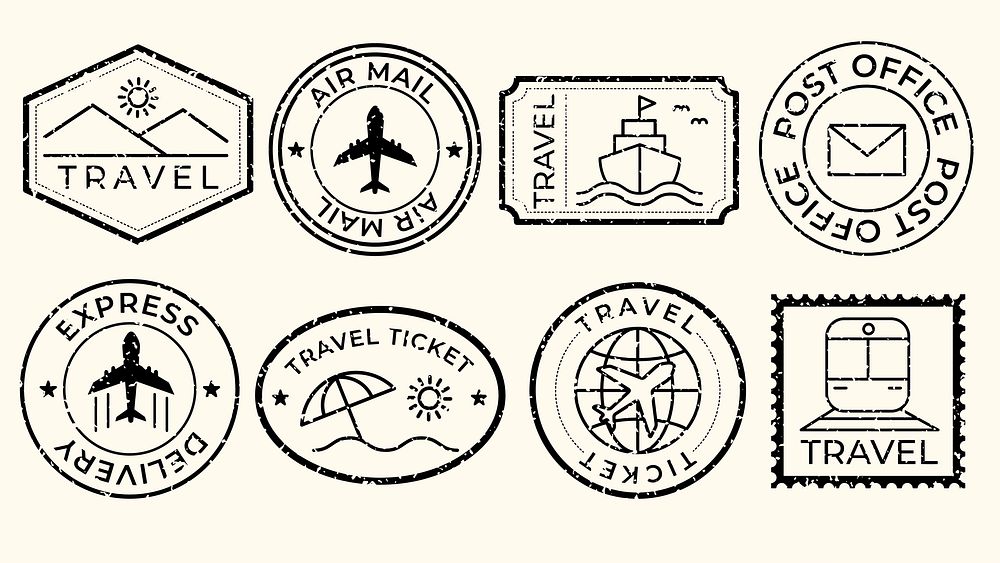 Vintage travel stamps featuring airplanes, ships, and trains. Travel icons like planes, ships, and trains highlight travel…