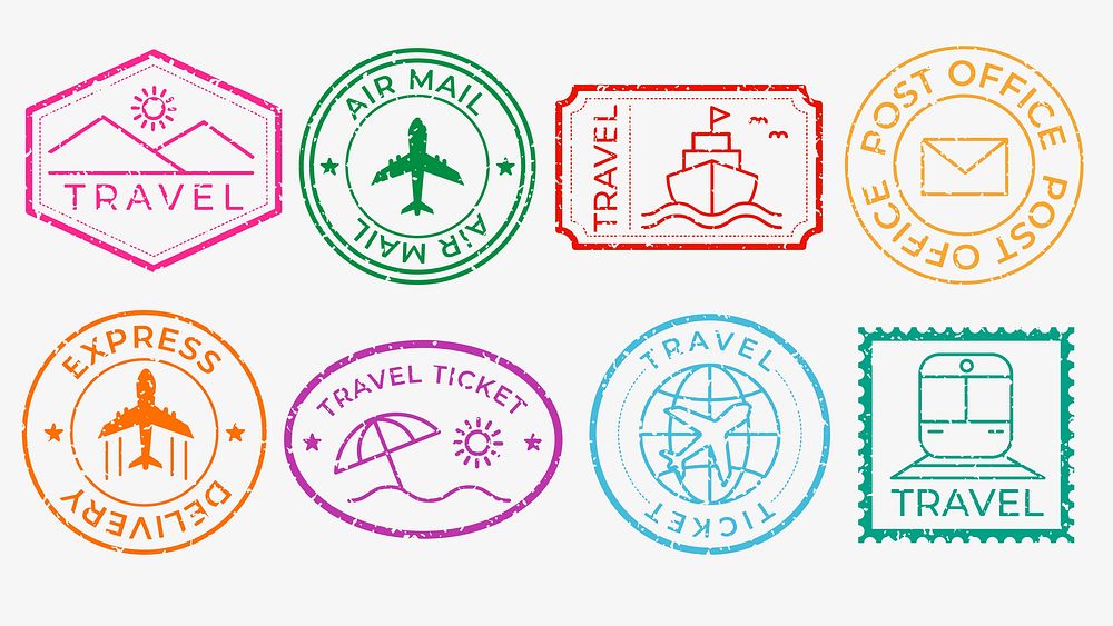 Colorful travel stamps featuring planes, ships, and trains. Travel-themed stamps in various shapes, ideal for travel…