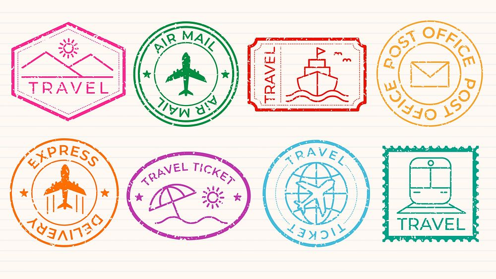 Colorful travel stamps featuring planes, ships, and trains. Travel icons like airmail, express delivery, and travel tickets…