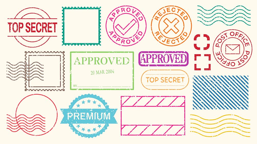 Colorful stamp collection with 'Approved,' 'Rejected,' 'Top Secret,' and 'Premium' labels. Includes postal and decorative…