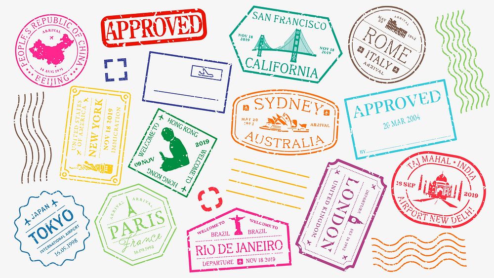 Colorful travel stamps featuring cities like Paris, Tokyo, Sydney, and Rome. Travel-themed stamps with various designs…