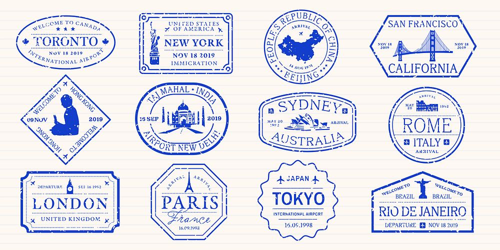 Travel stamps featuring iconic cities: New York, Tokyo, Paris, Sydney, Rome, London. Stamps show landmarks, dates, and…