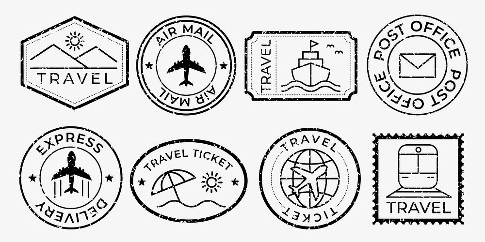 Vintage travel stamps with travel icons: airplane, ship, train. Travel-themed designs include air mail, post office, express…