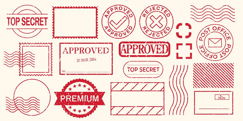 Red stamps with 'approved,' 'rejected,' 'top secret,' and 'premium' labels. Various stamp designs include postal and…