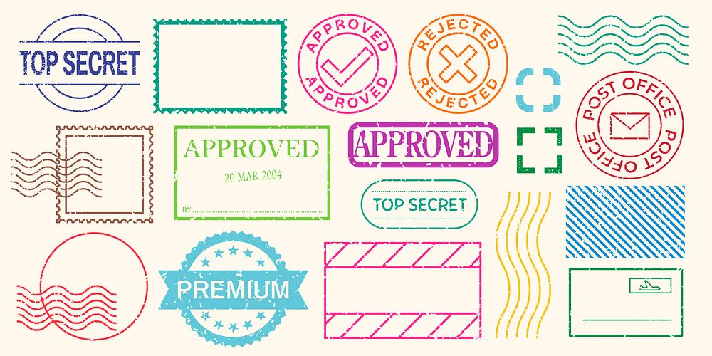 Colorful stamps and labels, featuring 'Approved', 'Rejected', 'Top Secret', and 'Premium'. Includes postal marks and…