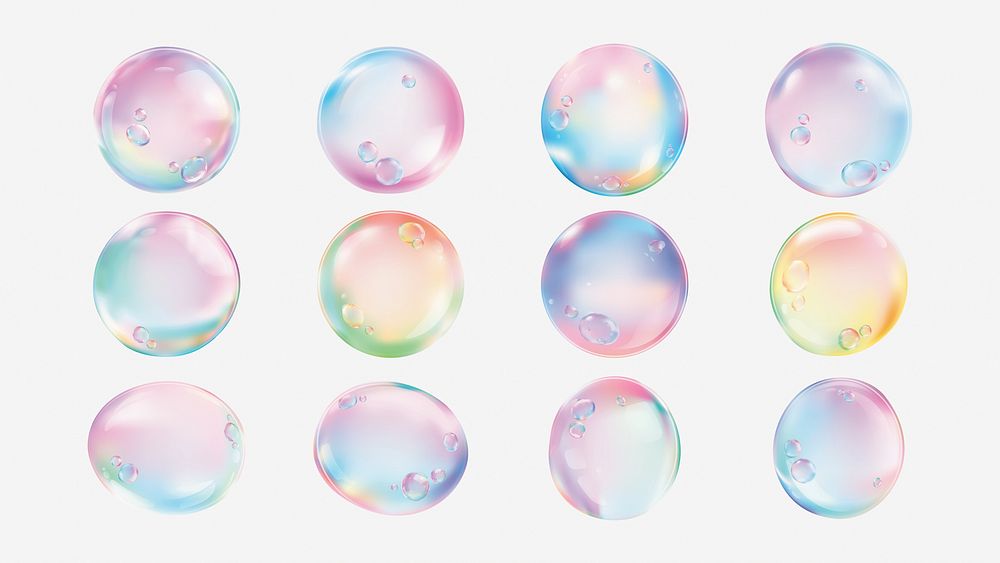 Colorful iridescent bubbles in pastel hues. Shiny bubbles with rainbow reflections. Twelve bubbles, each with unique colors…