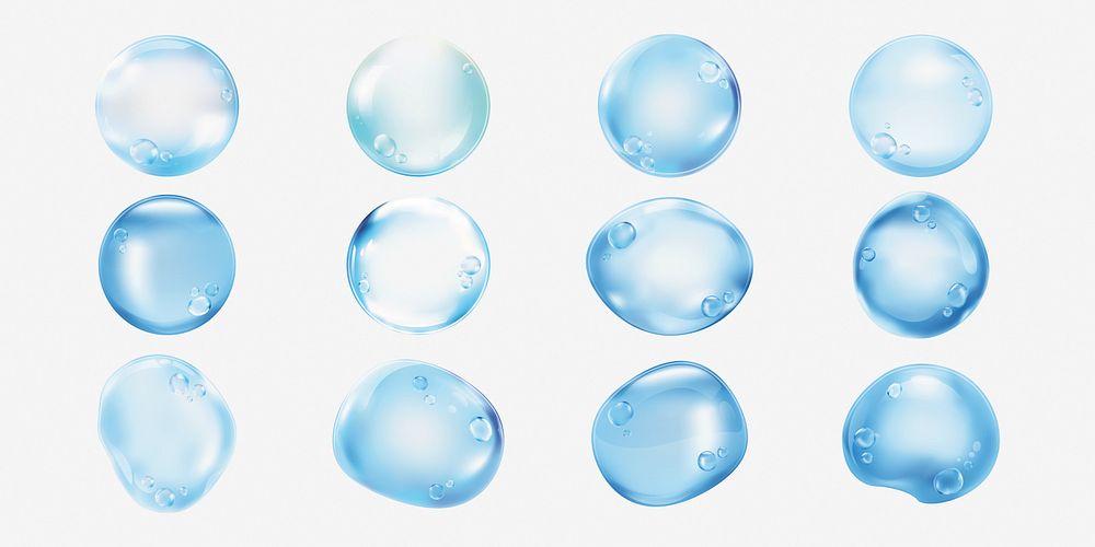 Twelve glossy, transparent blue bubbles on a white background. Bubbles vary in size and shape, creating a playful and…