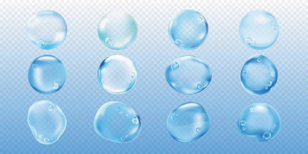 Set of transparent water droplets on a gradient background. Water droplets appear glossy and realistic. Perfect for designs…