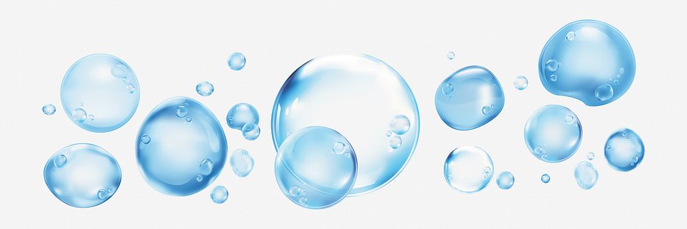 Floating blue bubbles of various sizes on a white background. Bubbles appear shiny and translucent. Bubbles create a light…