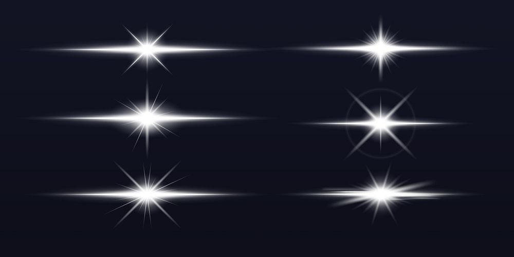 Set of six bright starburst light effects on a dark background. Starburst designs vary in shape and intensity, perfect for…