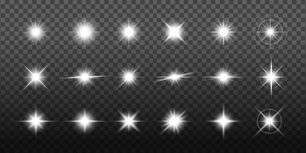 Set of bright starburst effects on transparent background. Starburst designs vary in intensity and shape. Perfect for…