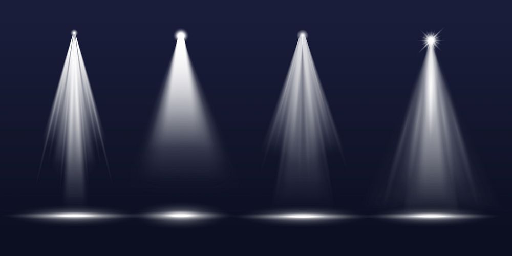 Set of four bright spotlights on a dark background. Spotlights shining in a row. Each spotlight creates a focused beam of…