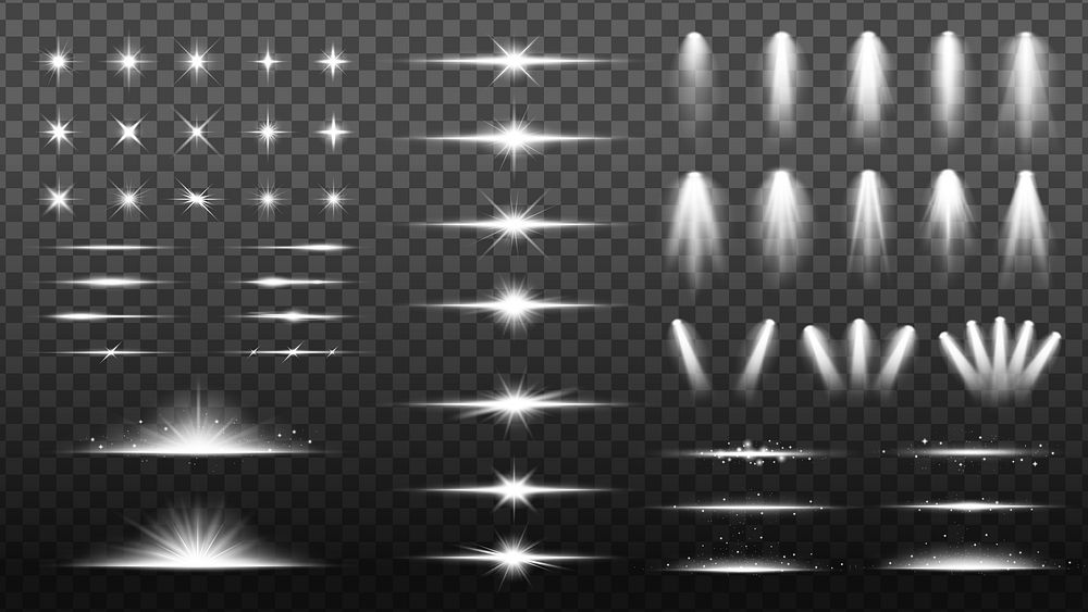 Collection of bright light effects, including stars, beams, and spotlights. Light effects on transparent background. Ideal…