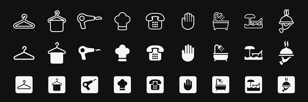 Set of icons: hanger, hairdryer, chef hat, hand, bathtub, phone, food. Repeated icons: hanger, hairdryer, chef hat, hand…