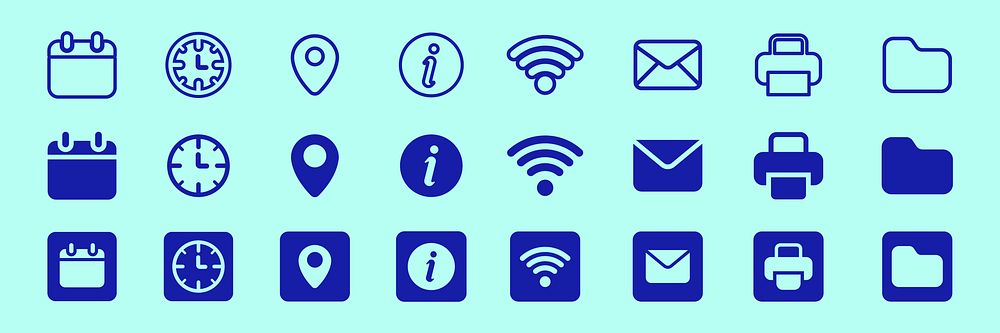 Set of blue icons on a light background. Includes calendar, clock, location, info, Wi-Fi, email, printer, folder. Icons for…