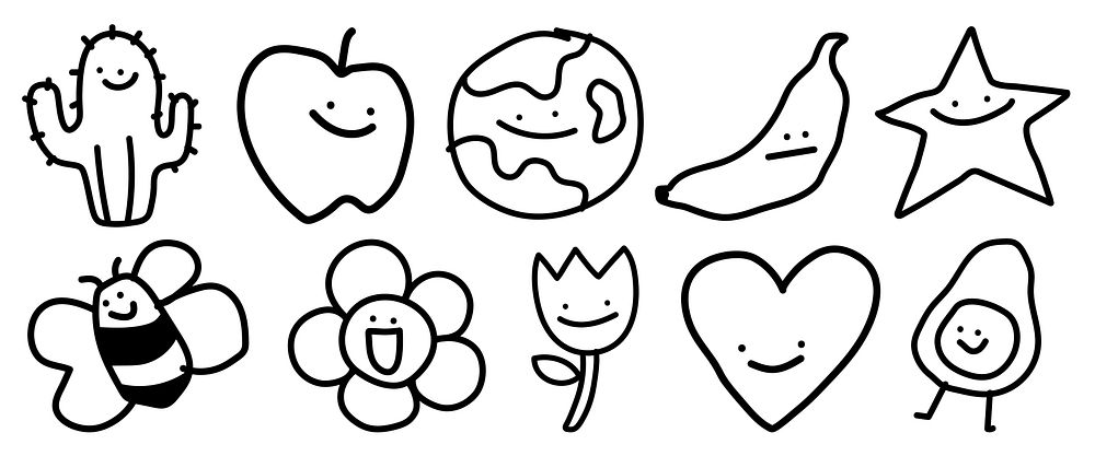 Cute doodles of smiling objects: cactus, apple, earth, banana, star, bee, flower, tulip, heart, avocado. Fun, simple, happy…