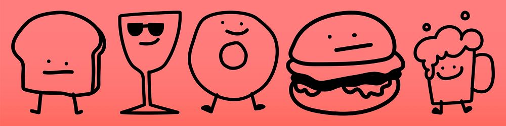 Playful food icons: bread, wine, donut, burger, beer. Cartoon style food: bread, wine, donut, burger, beer. Fun food icons:…