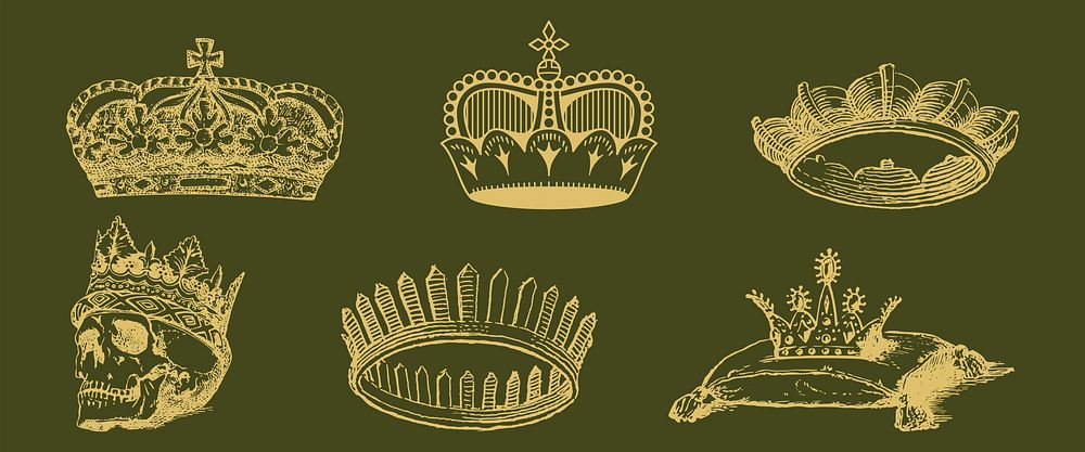 Vintage crown illustrations on a green background. Various crown designs, including ornate and simple styles. Royalty and…