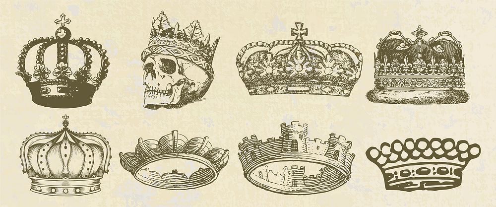 Vintage illustration of crowns and a skull. Crowns vary in style, featuring ornate designs. Skull with a crown adds a…