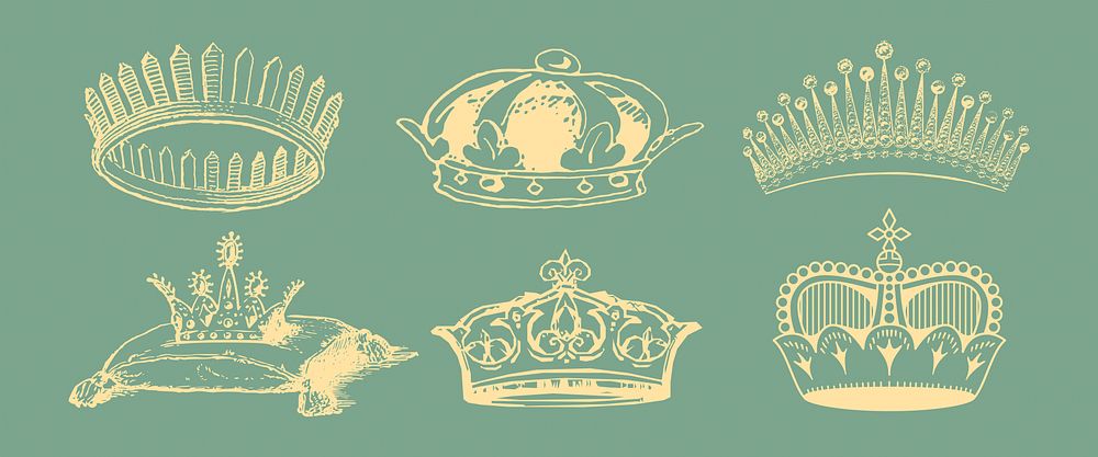 Vintage crown illustrations in various styles. Decorative crowns, ornate designs, royal crowns, and elegant tiaras on a…