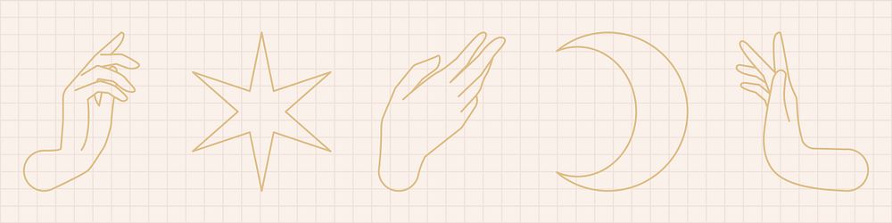 Minimalist line art of hands, star, and moon on grid background. Elegant hand designs, celestial star, and moon. Simple line…