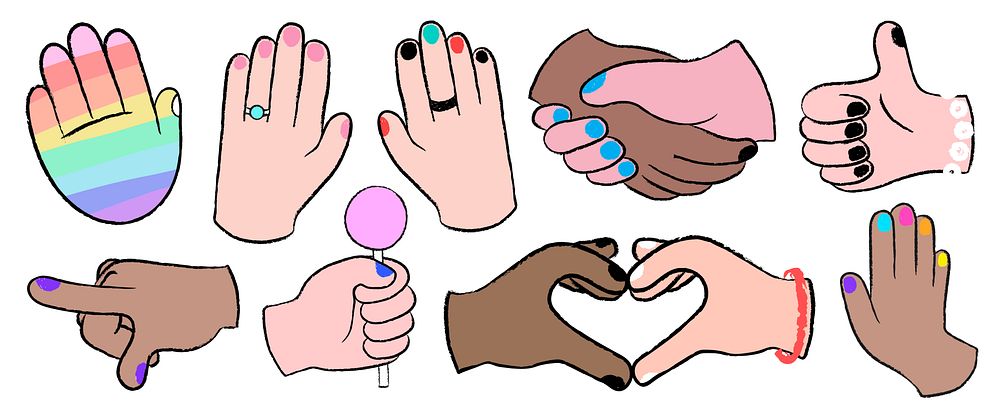 Illustration of diverse hands with colorful nails, rings, and bracelets. Hands form gestures like hearts and thumbs up…