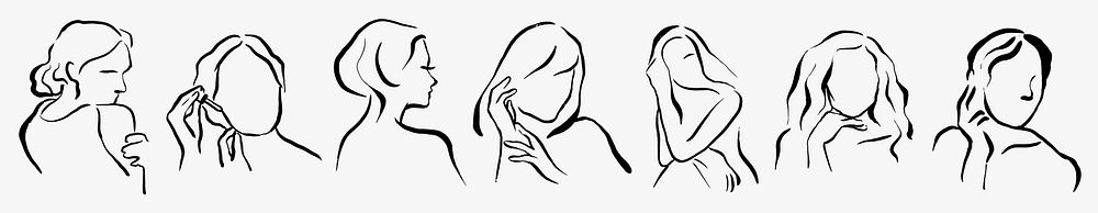 Minimalist line art of diverse women in various poses. Women with different hairstyles. Elegant line art of women. Simple…